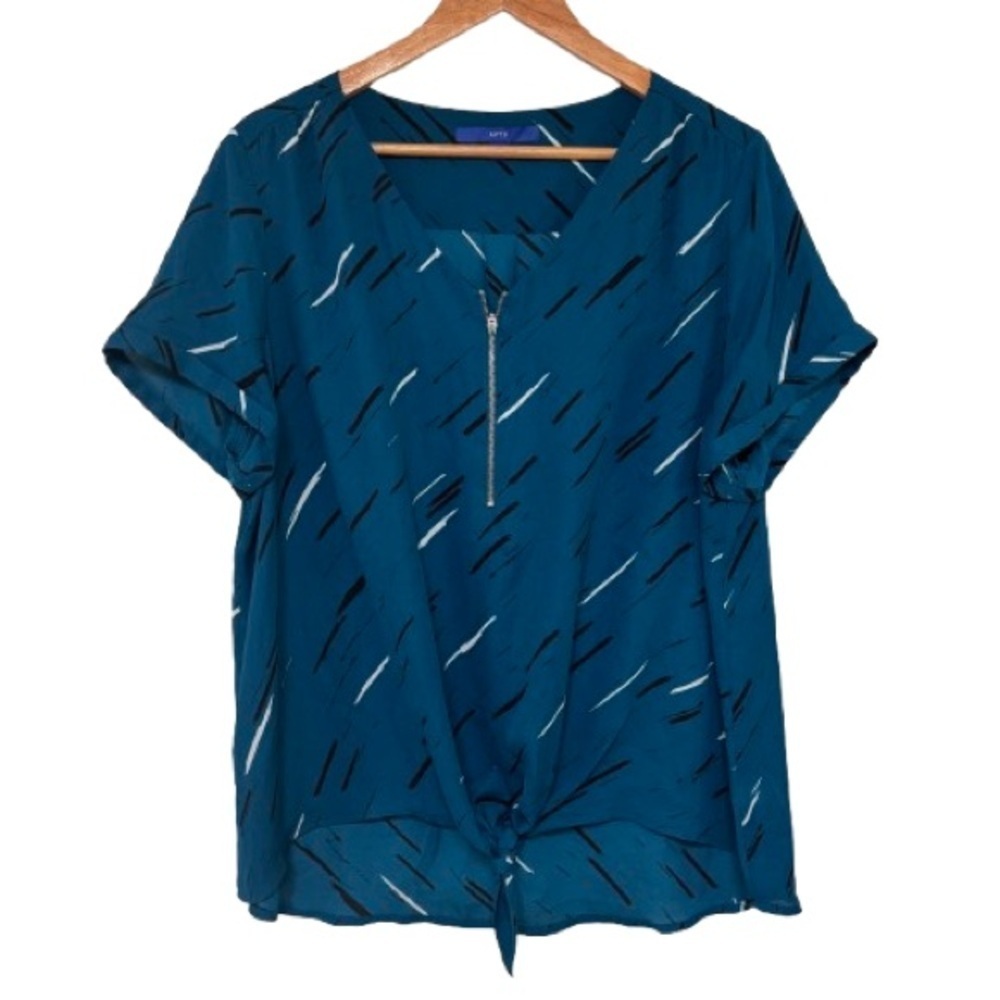 APT. 9 Teal Black White 1/4 Zip Tie Front Blouse Size XXL